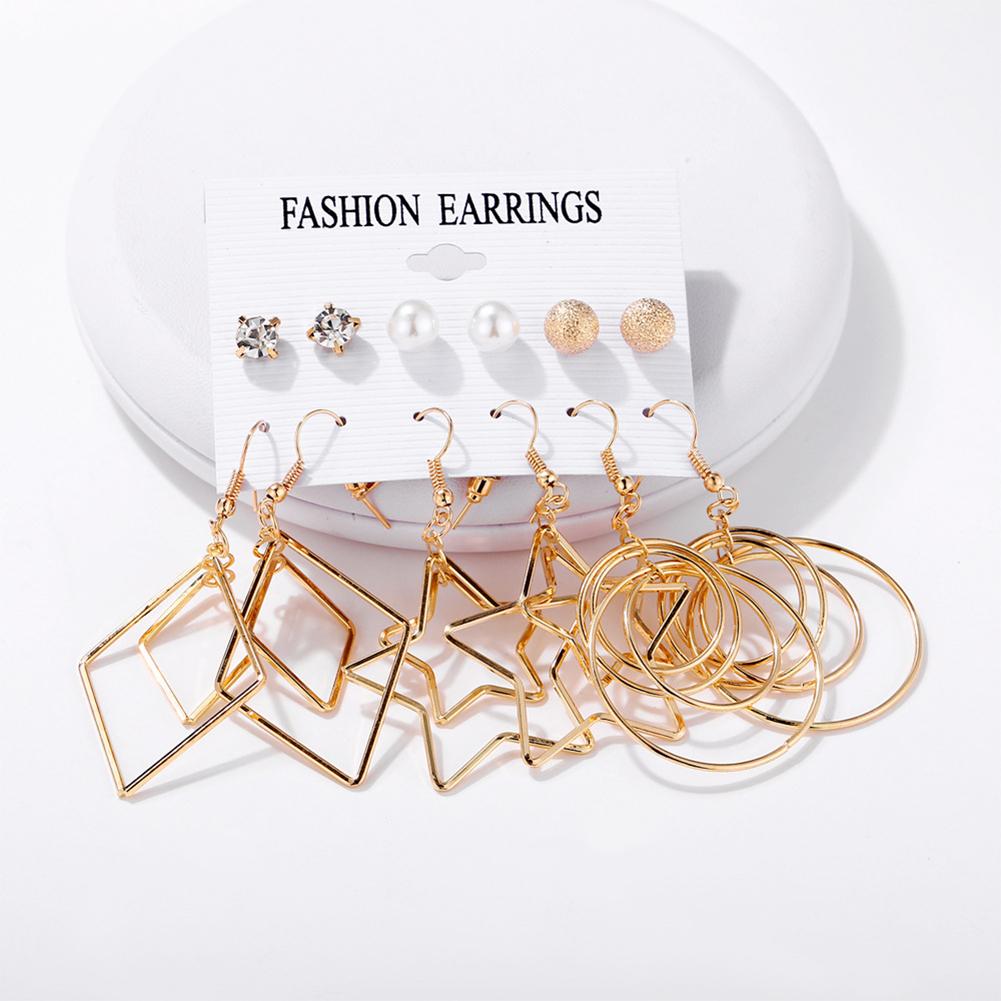 6pcs/set Women Creative Pearl Five-pointed Star Big Circle Earrings Ear Stud Jewelry Accessories