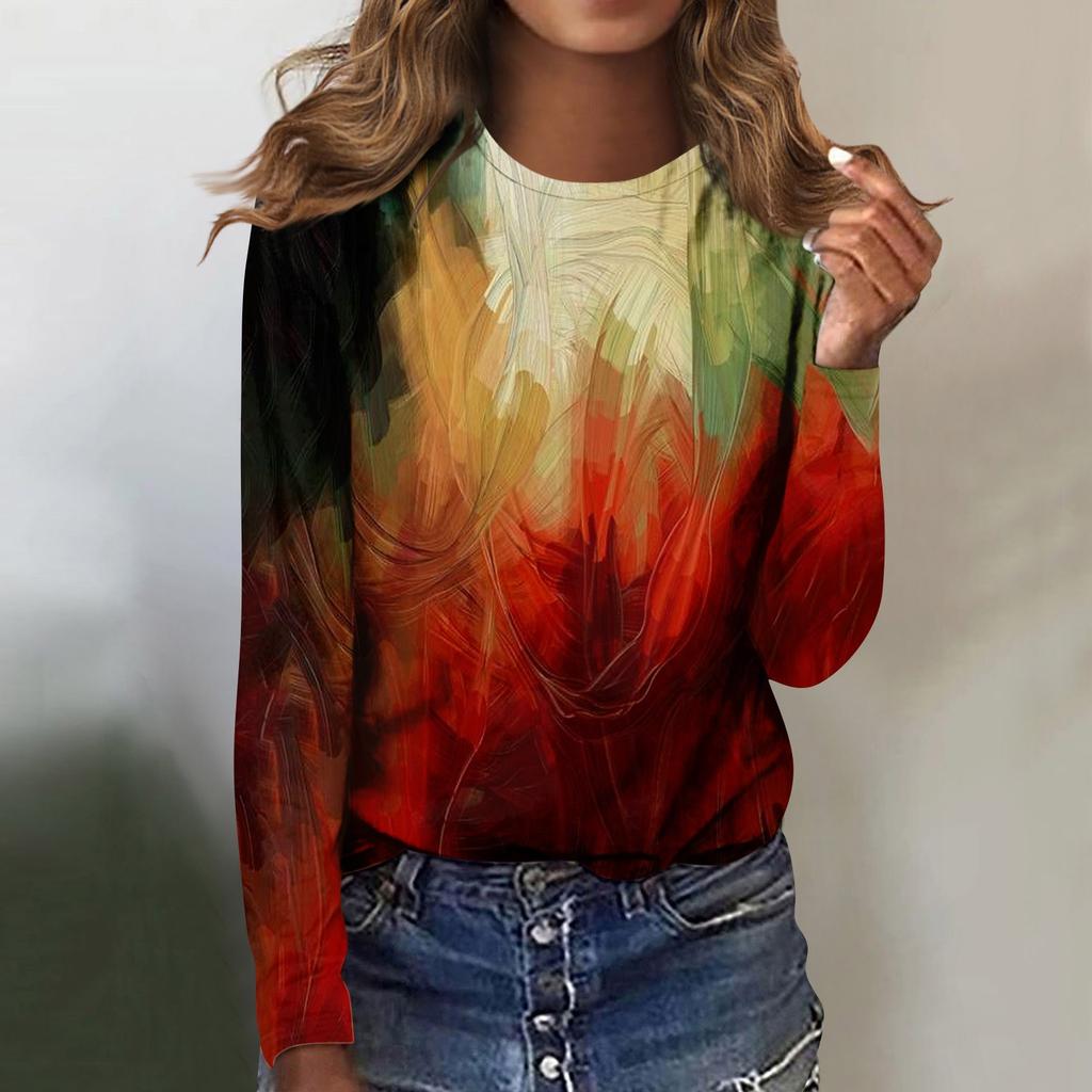 Women's Fashion Casual Long Sleeve Print Round Neck Pullover Top Blouse