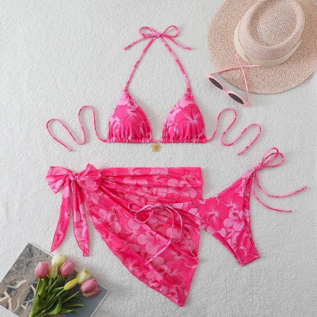 2026 Women's European & American High-Waisted Three-Piece Solid Color Swimsuit Bikini Set