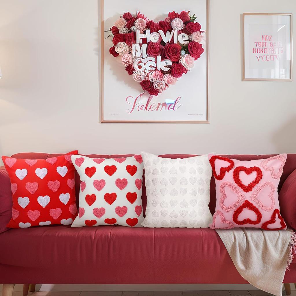 4 Pcs Valentine's Day Throw Pillow Covers 18x18 Inch Red Pink Heart Pillow Cases Soft Heart Shape Embroidery Cushion Covers for Valentine's Day Couch