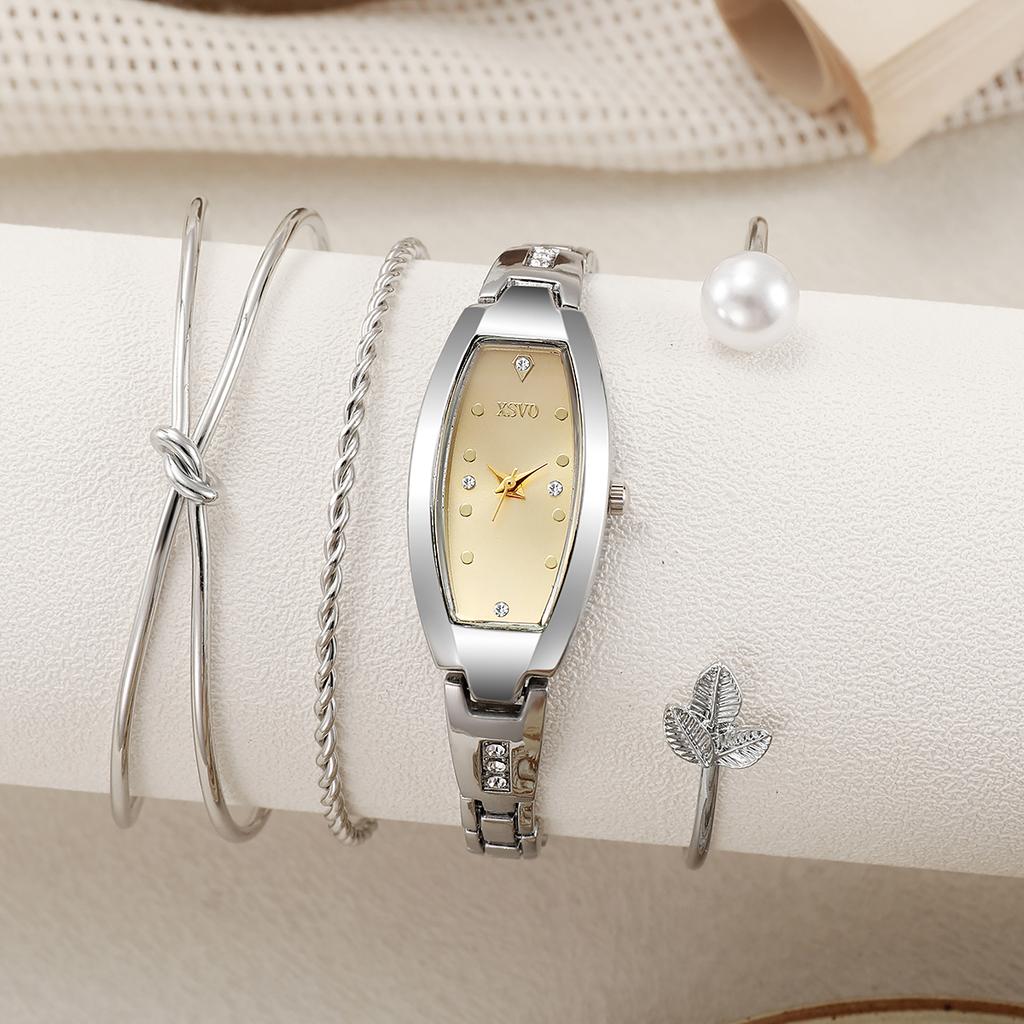 No Gift Box New Small Dial Barrel-shaped Delicate Ladies Quartz Watch   Pearl Bracelet 4-piece Set