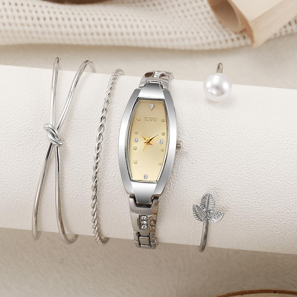 

No gift box New small dial barrel-shaped delicate ladies quartz watch pearl bracelet 4-piece set серебряный