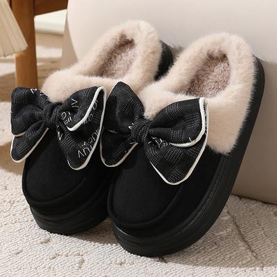 Reizende Schleife Damen Winter Zehenwickel Warm Einfarbig Baumwollpantoffeln Dicke Weiche Sohle Pantoletten Femmer Indoor Boden Flach Zuhause Rutschfeste Schuhe