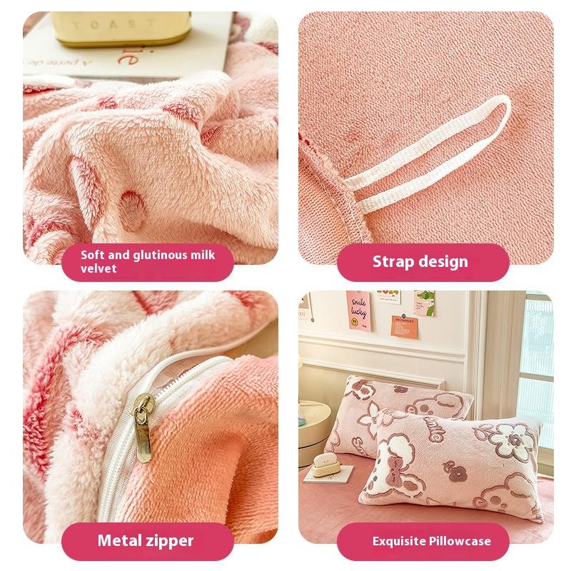 Winter Milk Fleece Bedding Four-piece Set Double-sided Fleece Thickened Sheets Quilt Cover Pillowcase