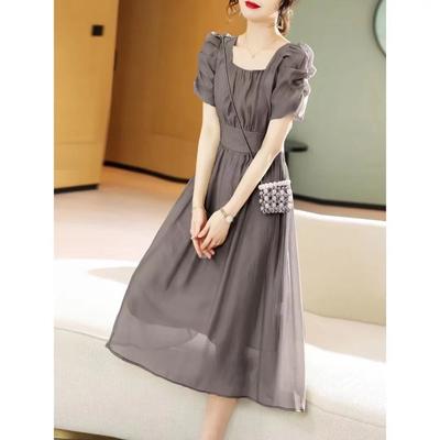 Grey Gentle Style Summer Latest Small Coffee Break French Vintage Style Square Neck Slim Fit Dress