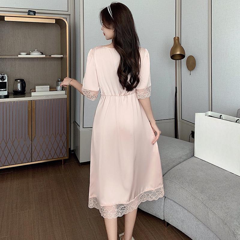 Ladies Summer Sexy Lace Sleepwear Short Sleeve Nightdress Women's Ice Silk Long Dress Bowknot Homewear