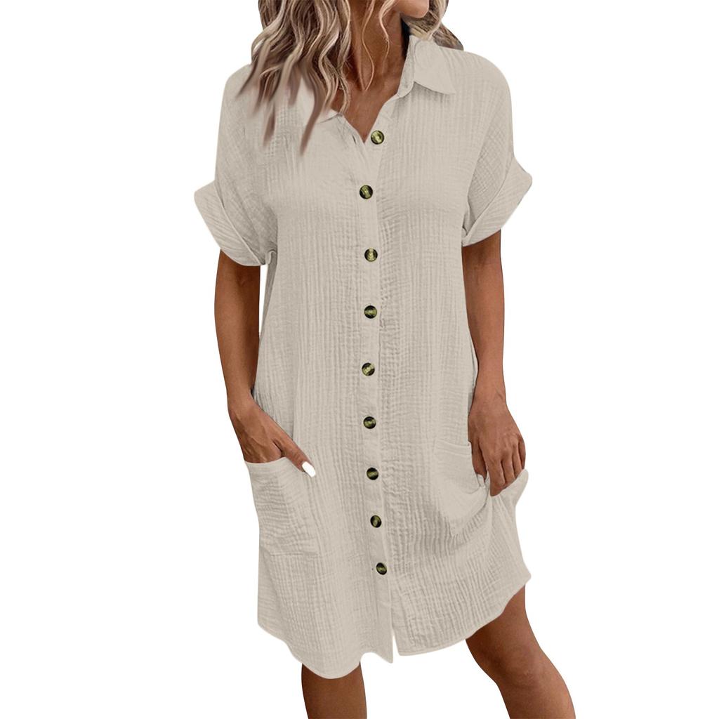 Fashion Women's Summer Casual Short Sleeve V-Neck Button Dress