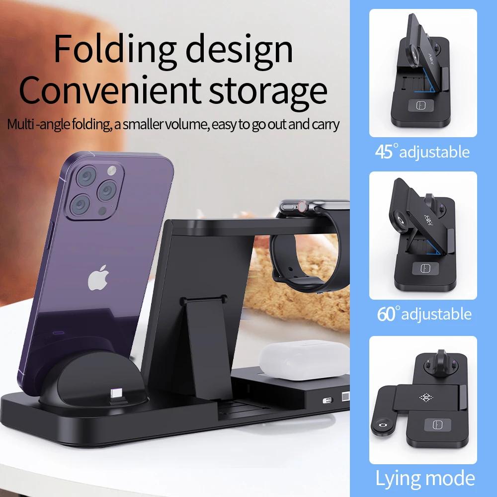 Foldable 6 In 1 Wireless Charger Stand For iPhone 15 14 13 12 11 X  Watch 8 7 6 5 4 3 2 Airpods Fast Charging Dock Station