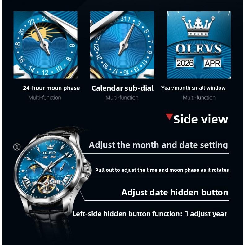 OLEVS Watch with Hollowed-out Movement, Multi-functional Perpetual Calendar, Mechanical Watch, Water-resistant, Men's Watch, Men's Timepiece