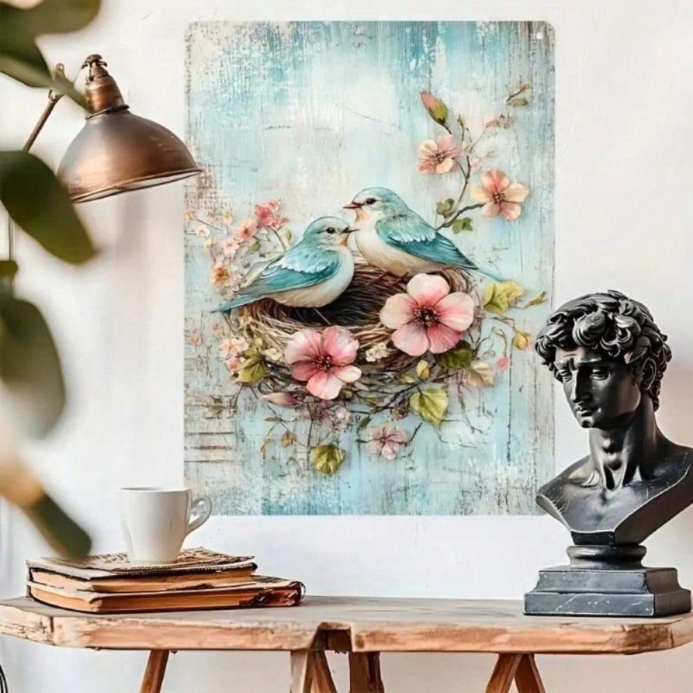 Rustic Bluebird Flower Metal Poster Wall Art Vintage Iron 8x12 Inch