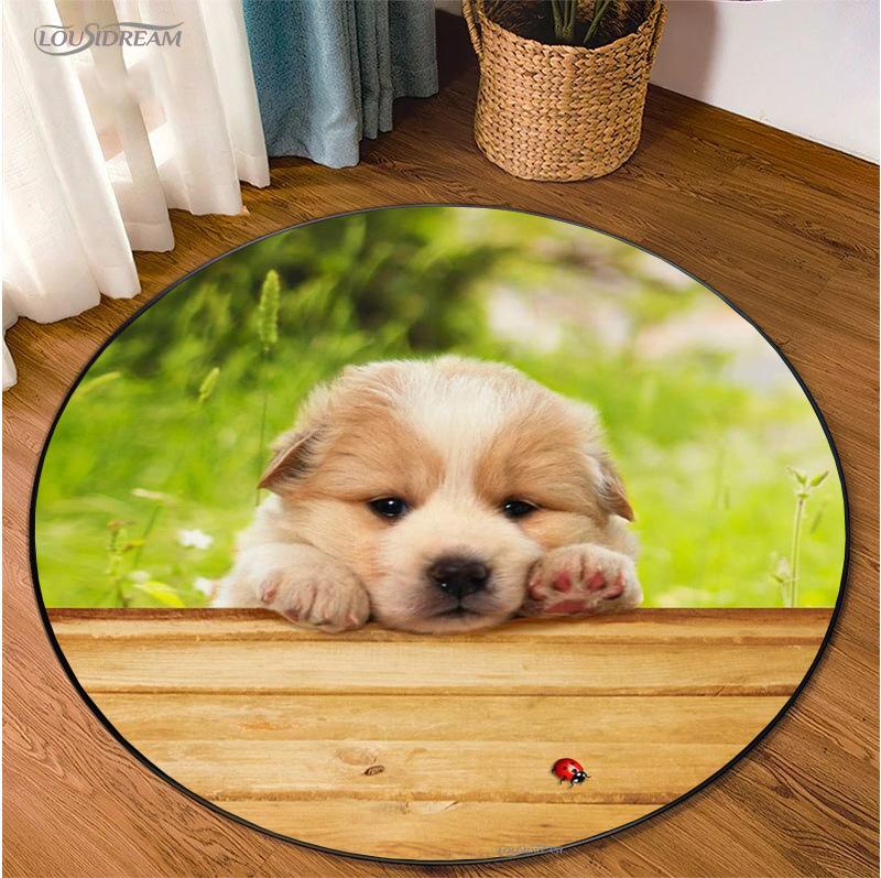 Cute Dog Cat Cartoon Round Area Rug Carpet for Living Room Bedroom Table Kid Play Un-slip Floor Mat Decor Tapete Peludo Alfombra