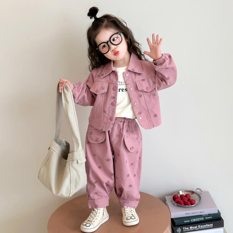 

Комплект куртки та штанів з квітковим принтом для дівчаток - Повсякденний одяг на весну/осінь 110 cm рожевий