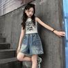Summer Girls' Denim Shorts Cropped Pants Work Pants Versatile Jean Wide Leg Trendy Versatile Loose Pants for Children