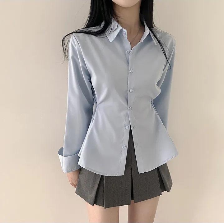 Cămașă minimalistă coreeană cu culoare uni, cu talie legată, pentru slăbit, cu mâneci lungi, pentru femei