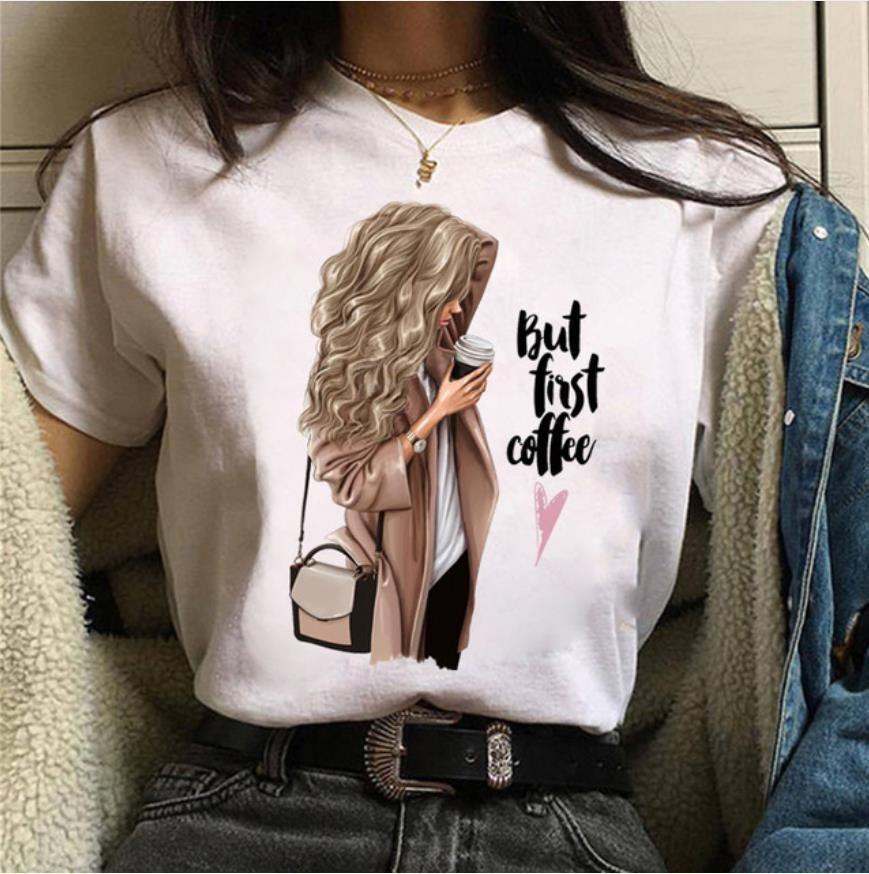 Fashionable Womens Coffee Printed White Tshirt Casual Short Sleeved Suitable for Daily Casual Versatile Home Clothes Top