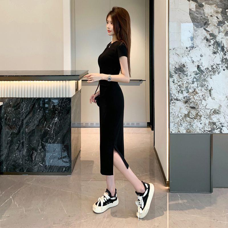 Summer 2026 Black Slim Fit Women s Long Slit Dress with Short Sleeves and Cinched Waist 2XL