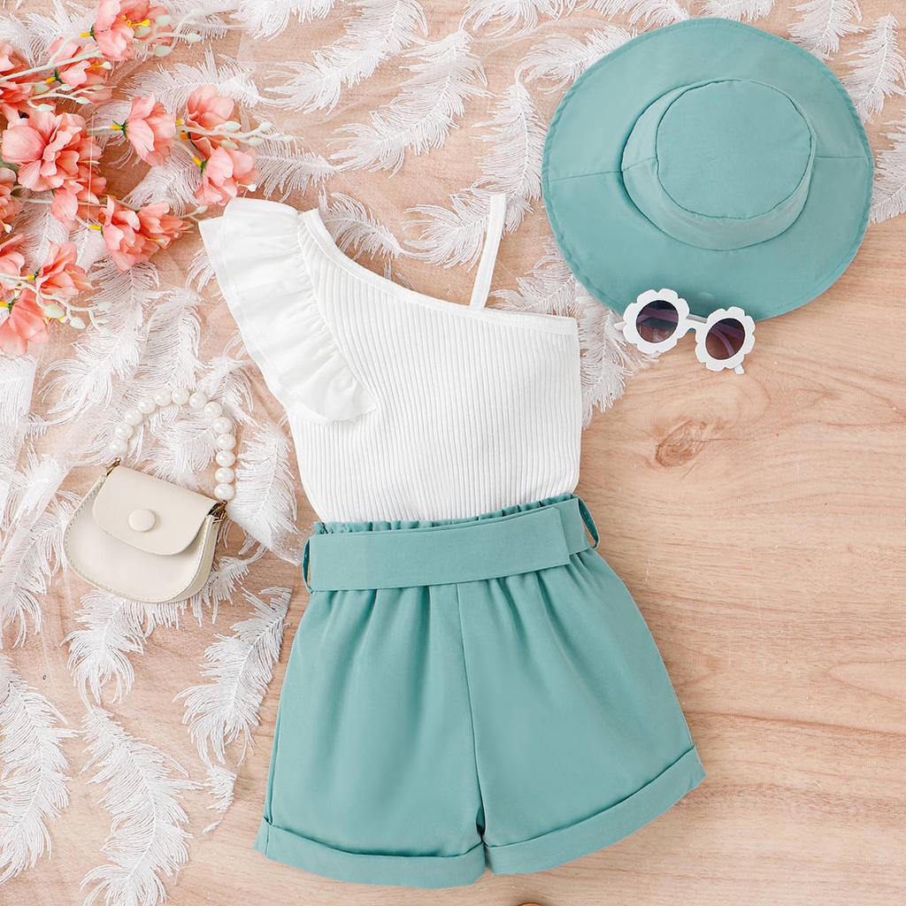 New Summer Girls' Set with Shoulder Strap Flying Sleeve Top Shorts and Hat for Small and Medium Sized Children