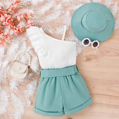 Nieuwe Zomer Meisjes Set met Schouderband Vliegende Mouw Top Shorts en Hoed voor Kleine en Middelgrote Kinderen