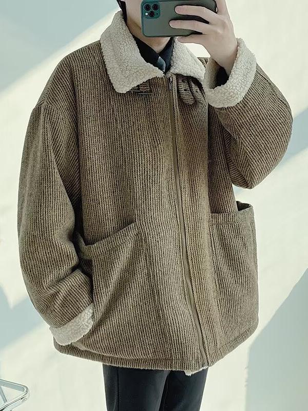 Herren Lammwolle Winterjacke, Samtgefütterter Wollmantel, Retro Amerikanischer Stil, Warme Streetwear Cool Reversjacke.
