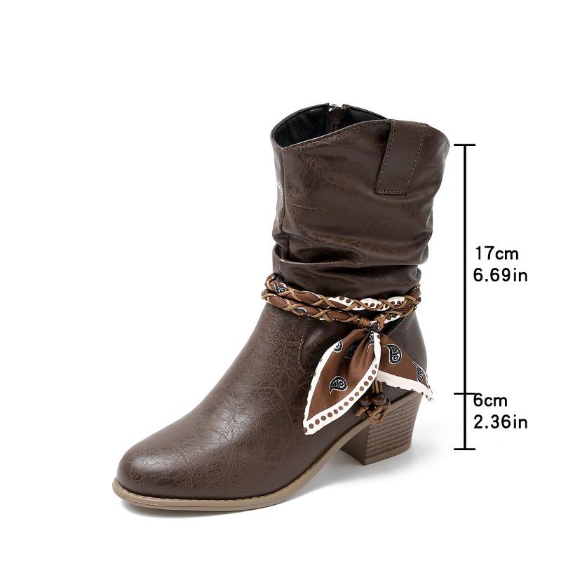 

New Large-sized Retro Thick-heeled Lace-up Women s Shoes with Mid-calf Pleated Boots 42 кофейный