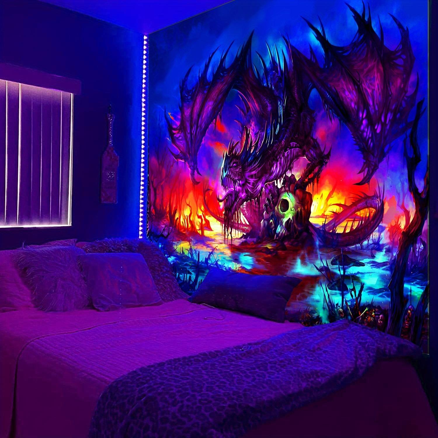 Purple Dragon Pattern Fluorescent UV Tapestry UV Reaction Halloween Decoration Fantasy Landscape Art 100X70CM