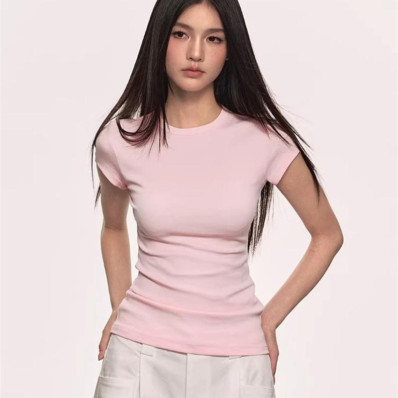 White shoulder short sleeved T-shirt for women, Lyocell summer solid color base, versatile round neck slim basic T-shirt top for women