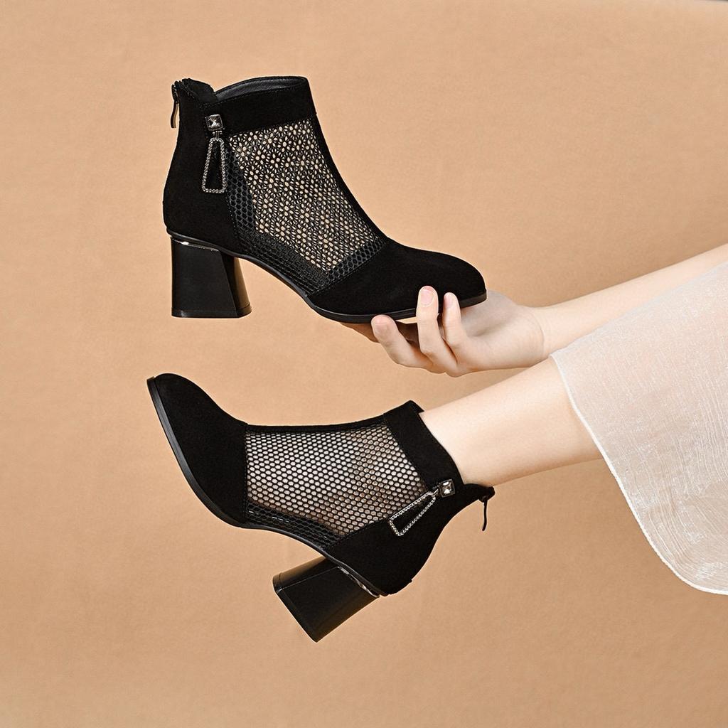 High-heeled mesh shoes women's spring and summer new black mesh water drop buckle breathable thick-heeled high-heeled shoes cool boots fashion shoes