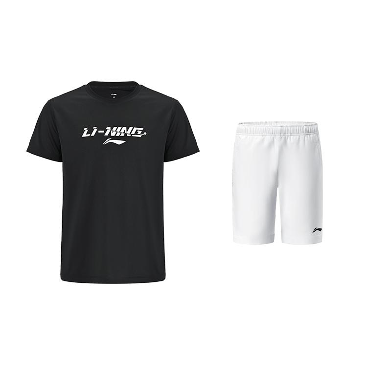 

Li-Ning Casual Lazy Comfortable Quick-Dry Simple Short Sleeve Top With Side Letter Logo Print And Cool Shorts Sports Suit ATSV605-1+AAPU339-1 S