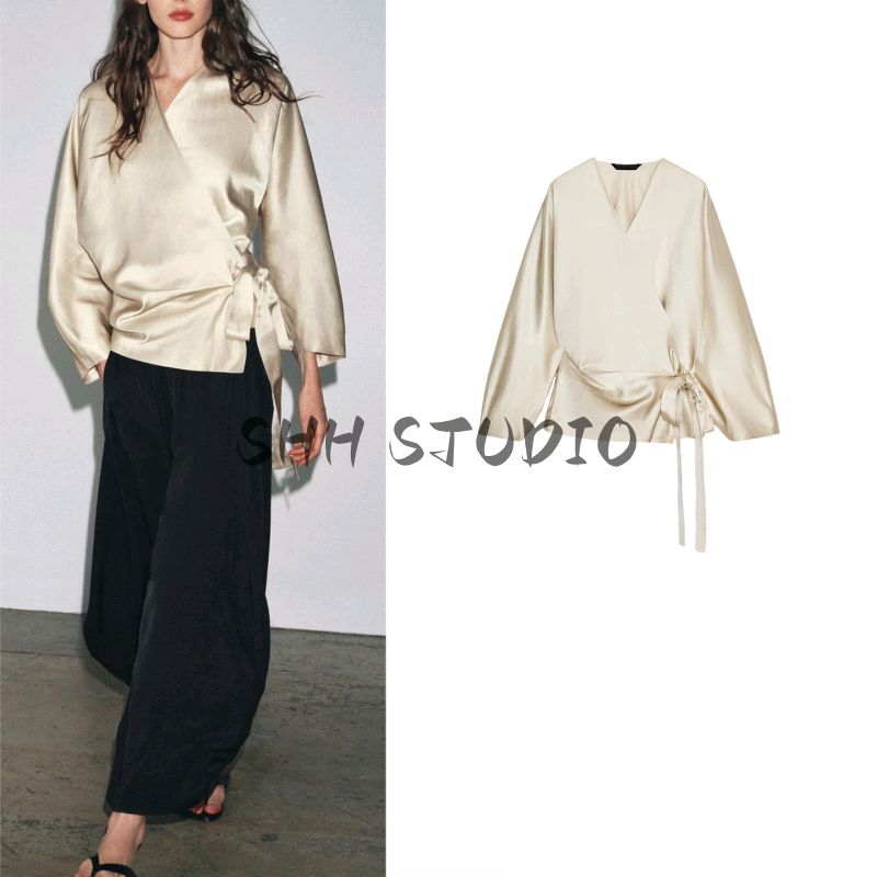 Autumn New Women's Clothing Minimalist Style Linen Blend V Neck Long Sleeves Double Breasted Bowknot Decoration Shirt 8275030