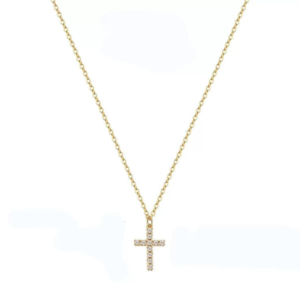 Elegant Cross Pendant Necklace with Diamond Inlay - Modern European & American Style