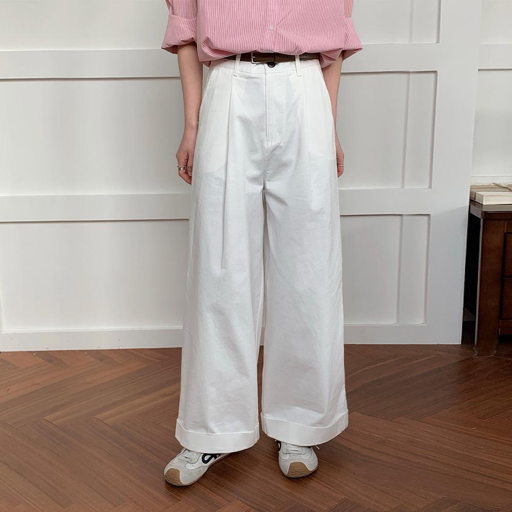 

Women s Korean High Waist Wide-Leg Pants - Solid Color, Rolled Hem, Casual Spring/Summer Fashion, Loose Straight Leg. M белый