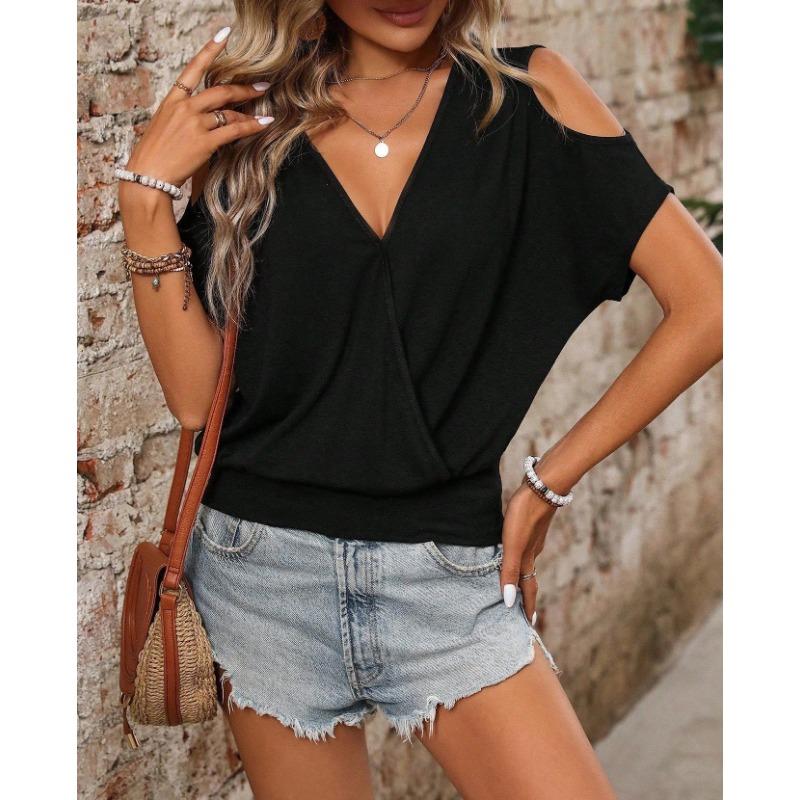 Nuovo Top Estivo a Maniche Corte Scollo a V Fuori Spalla da Donna Design Largo Casual e Confortevole Modellante