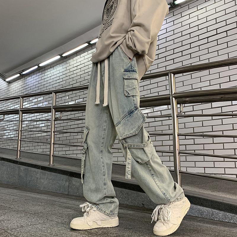 Autumn and Winter  Overalls Jeans Men and Women American Retro High Street Micro-la Washed Wide-leg Straight Pants
