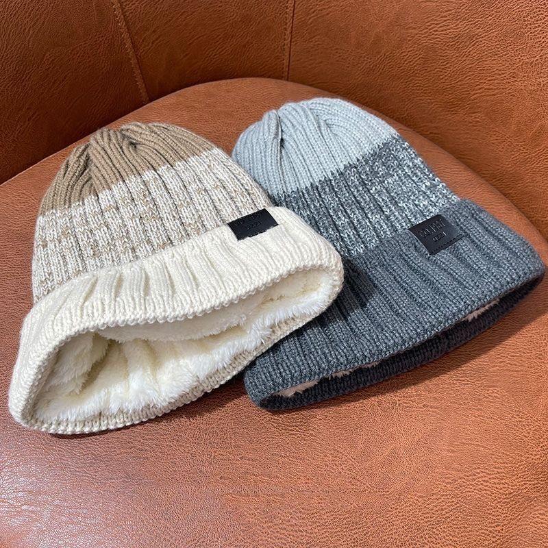 New Unisex Color Block Winter Hats Add Fur Lined Men And Women Keep Warm Beanie Cap Outdoor Streetwear Decor Winter Knitted Hats