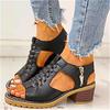 2021 Summer Women's Korean-Style Round Toe Chunky Heel Sandals with Side Zipper - Casual, Solid Color, Plus Size