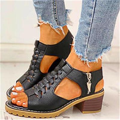 2021 Summer Women's Korean-Style Round Toe Chunky Heel Sandals with Side Zipper - Casual, Solid Color, Plus Size