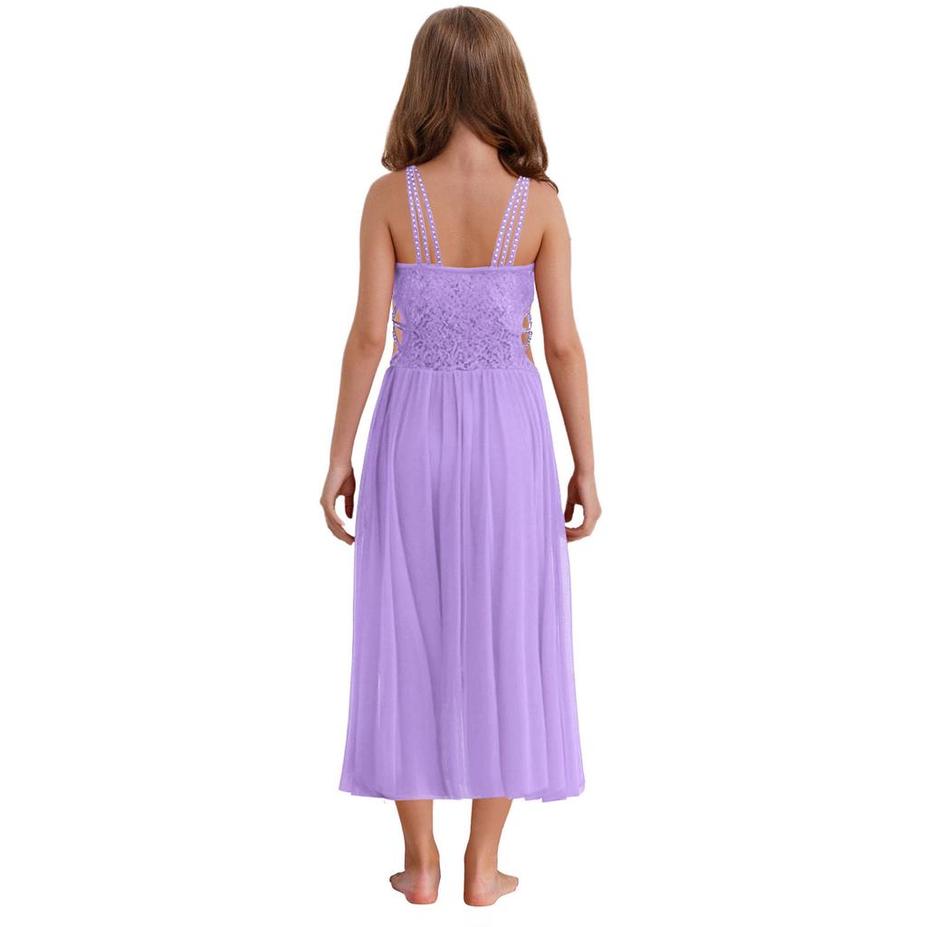 Girls Performance Dress Shiny Sequins Rhinestones Strappy Cutout Waist Side Split Mesh Dancewear