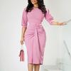 Women's Round Neck Three Quarter Sleeve Midi Pencil Dress Fitted High Waist Elegant Office Bodycon Dress