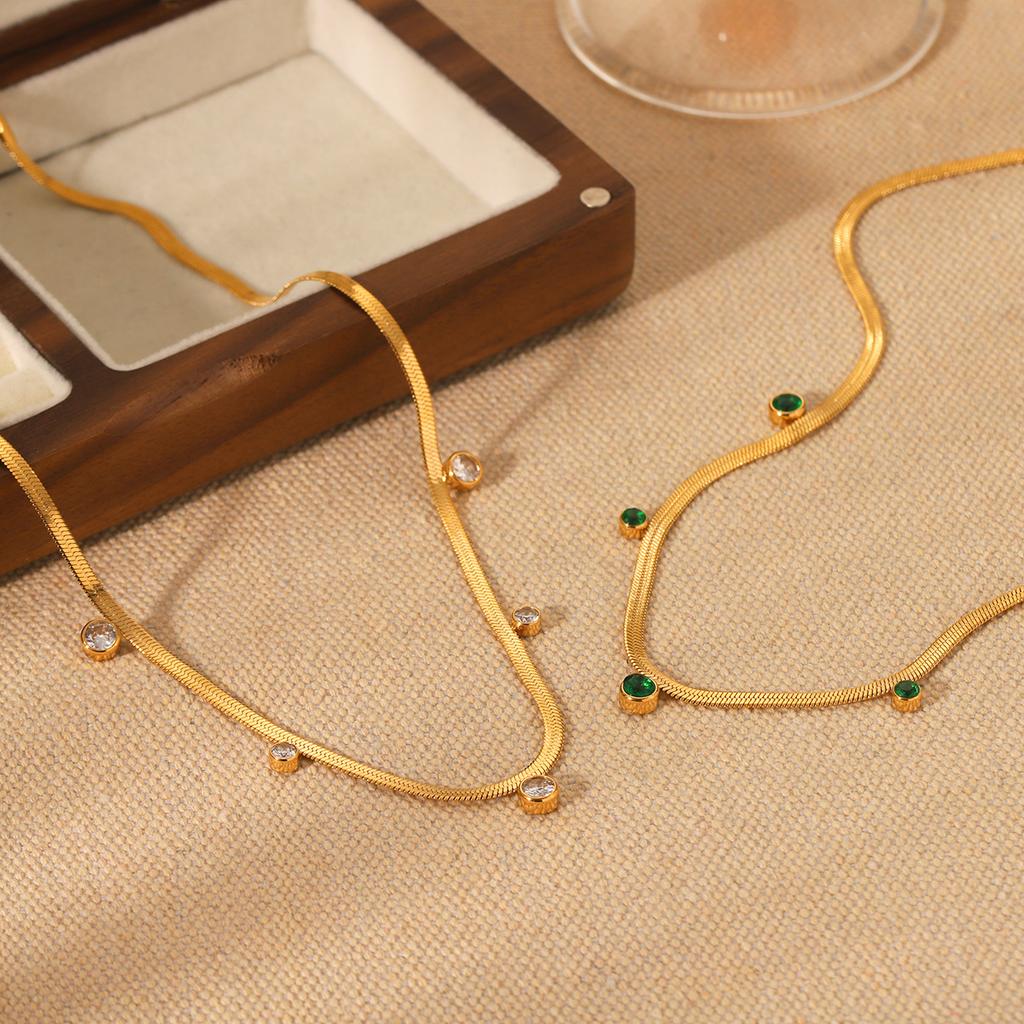 18K Gold Stainless Steel Snake Chain Necklace with Round Zircon, Women's Niche High-end Titanium Steel Clavicle Chain
