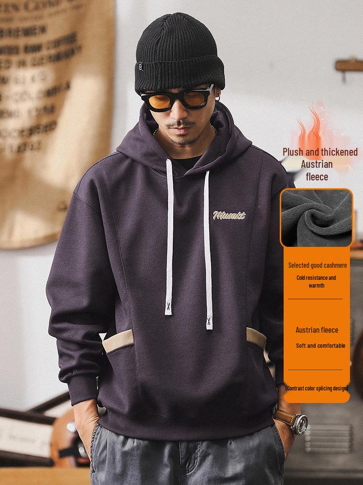 360g Herren Lockerer Schwerer Farbblock-Hoodie - Retro Frühling/Herbst Gestickte Lässige Jacke
