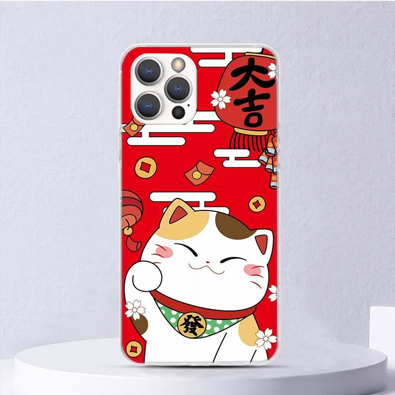 Lucky Cat Maneki Neko Japanese Soft Case For iPhone 16 17 Air 16E 15 Plus 11 12 13 Mini 14 Pro Max Phone Cover Apple 7 8 SE Coqu