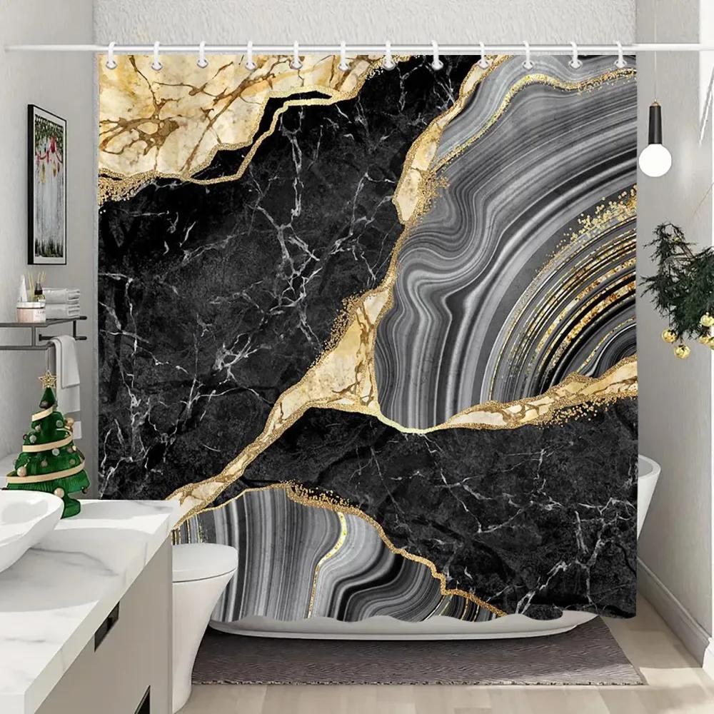 Blue Gold Textured Marble Shower Curtain Black White Natural Art Pattern Polyester Fabric Washable Shower Curtain Bathroom Dec
