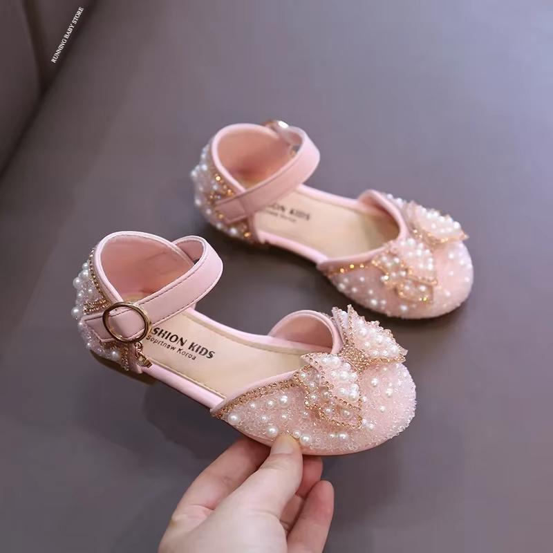

Girls Sandals Fashion Princess Shoes Spring Summer Bling Pearl Sequins Flat Sandals Simple Children Shoes Party Wedding I03201 23 розовый