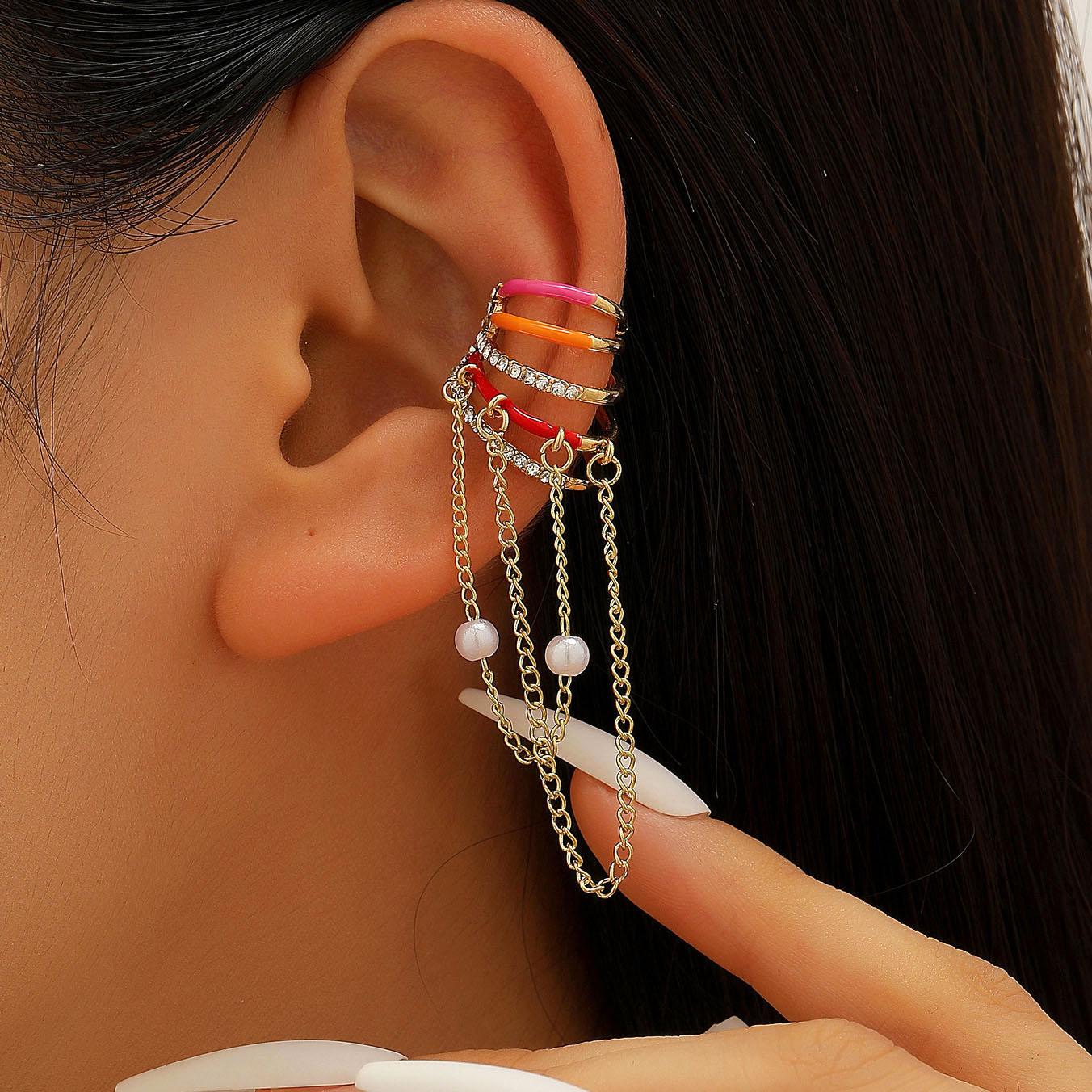 

Rainbow Multi-layer Clip Earrings for Women Girl Exquisite Y2K Tassel Long Chain Pearl Pendant Earrings Zircon Inlay Ear Zircon красный
