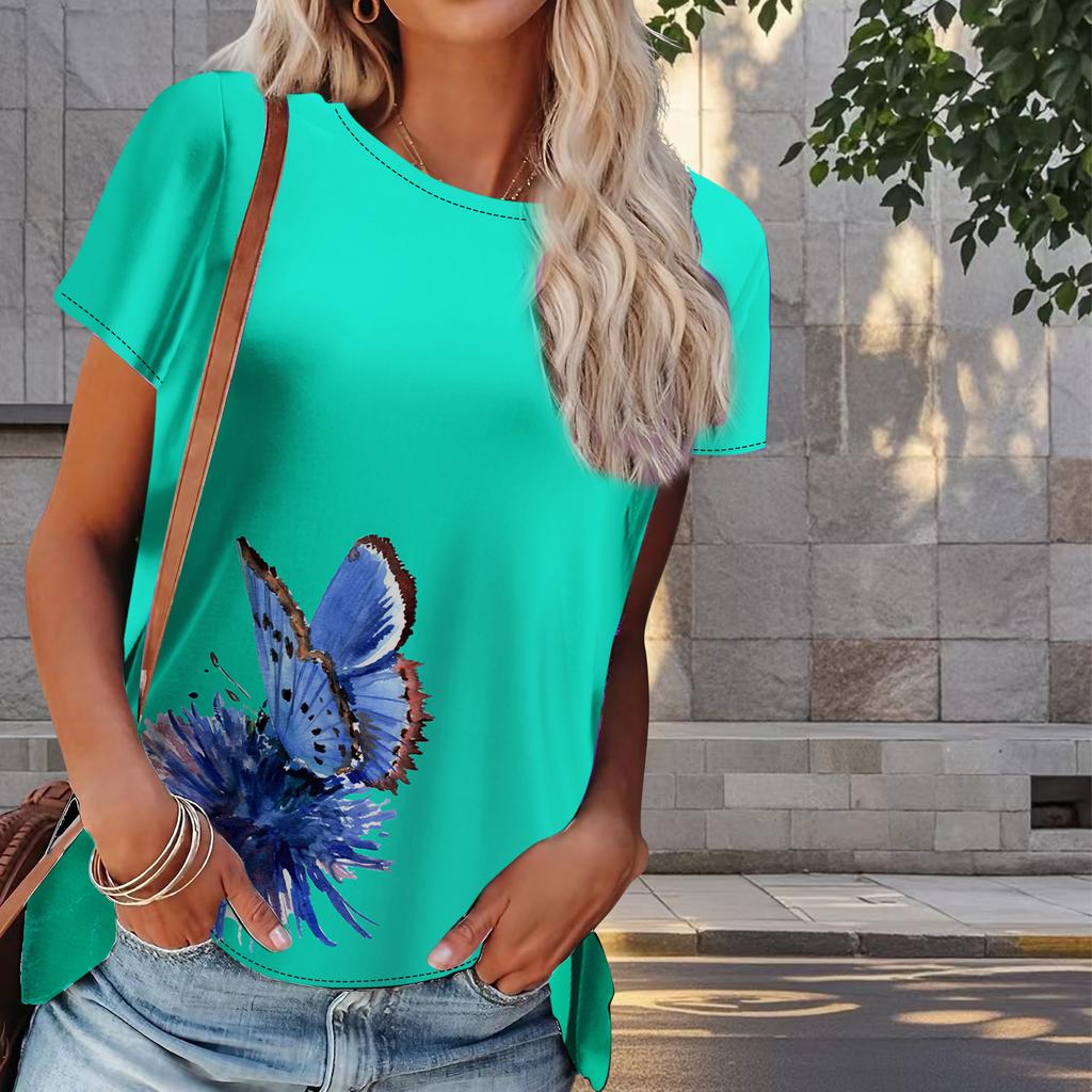 Women Summer T Shirt Butterfly Print Retro Fashion Short Sleeve Tees Casual   Printed  Tops