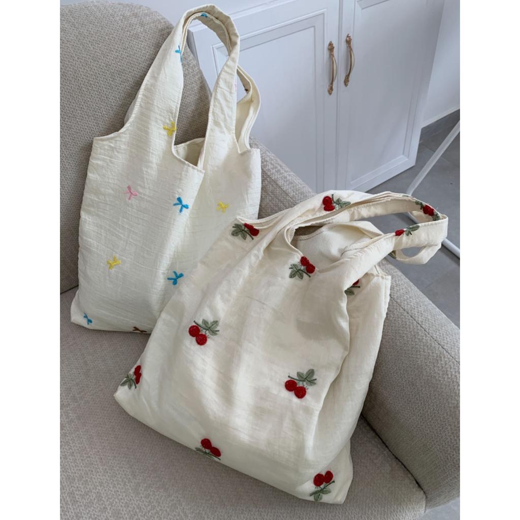 Embroidered Cherry Female Canvas Shoulder Bag Large Capacity Female College Girls Vest Bag Handbags Sweet Bow Ladies Tote Bags