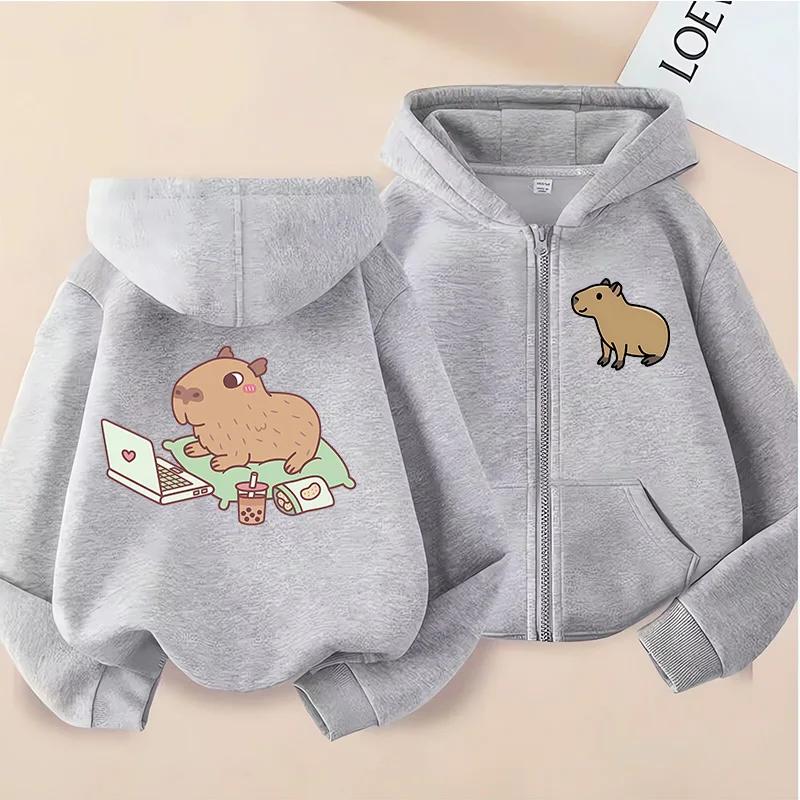 Cute Capybara Graphic Zip Hoodie for Girls Kids Cartoon Animal Print Long Sleeve Hooded Jacket With Pocket Loose Daily Outfit