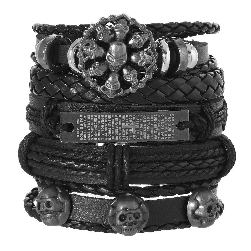 Men's Punk Skull Leather Bracelet Set Multi-Layer Gothic Rock Chain Bracelets Pentagram Charm Hip Hop Streetwear Badge Jewelry Accessories for Him