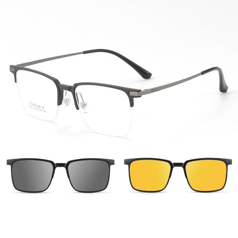 

3 In 1 Men Fashion Pure Titanium Glasses Frame With Polarized Clip On Sunglasses And Night Vision Women Eyewear