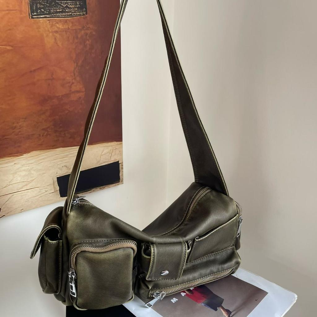 Vintage Multiple Pockets Motorcycle Bag Designer Women Handbags Luxury Soft Pu Leather Shoulder Bags Large Messenger Bag 2025
